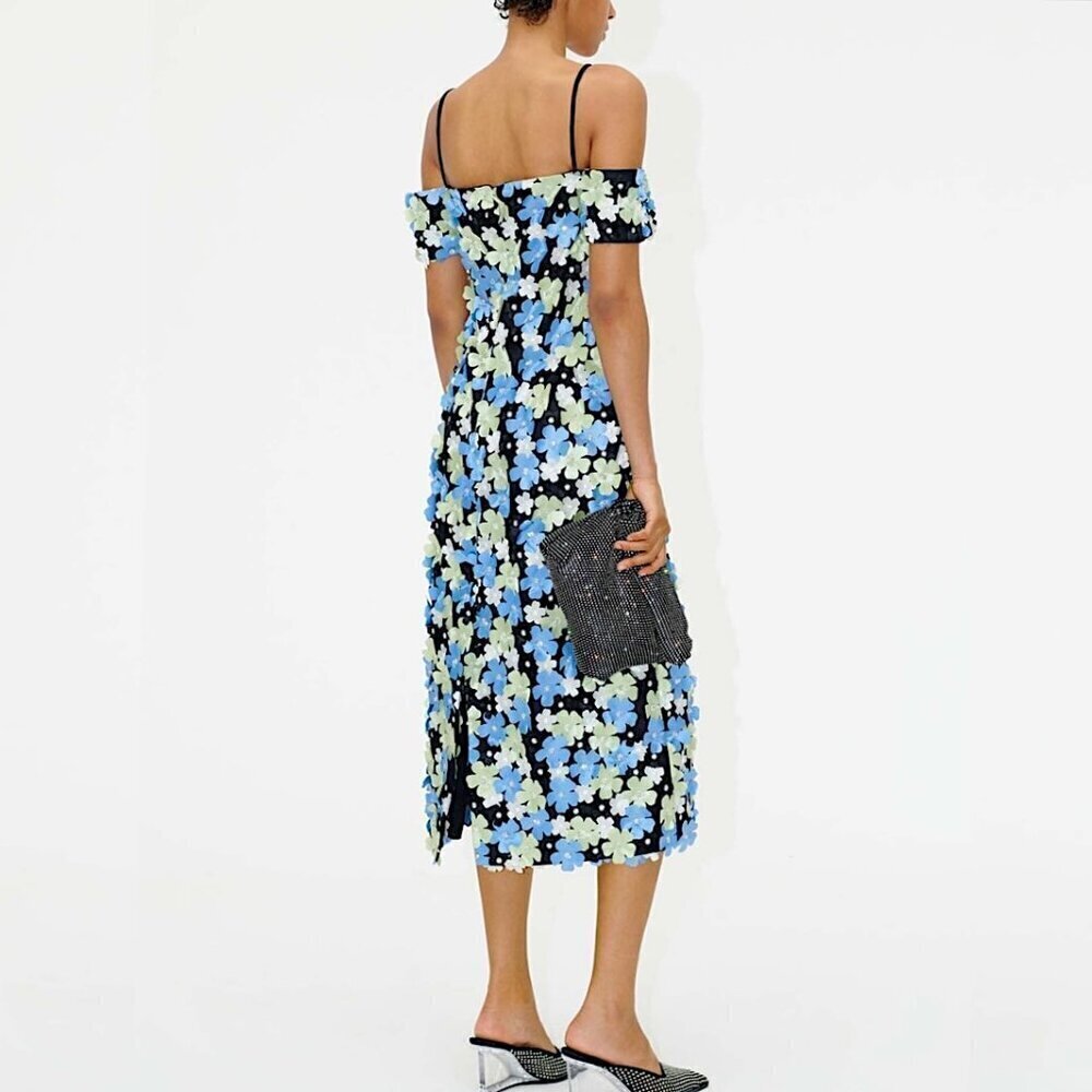 STINE GOYA Beilula Off Shoulder 3D Flower Midi Dress Crystal Garden Blue Denmark - Picture 2 of 16